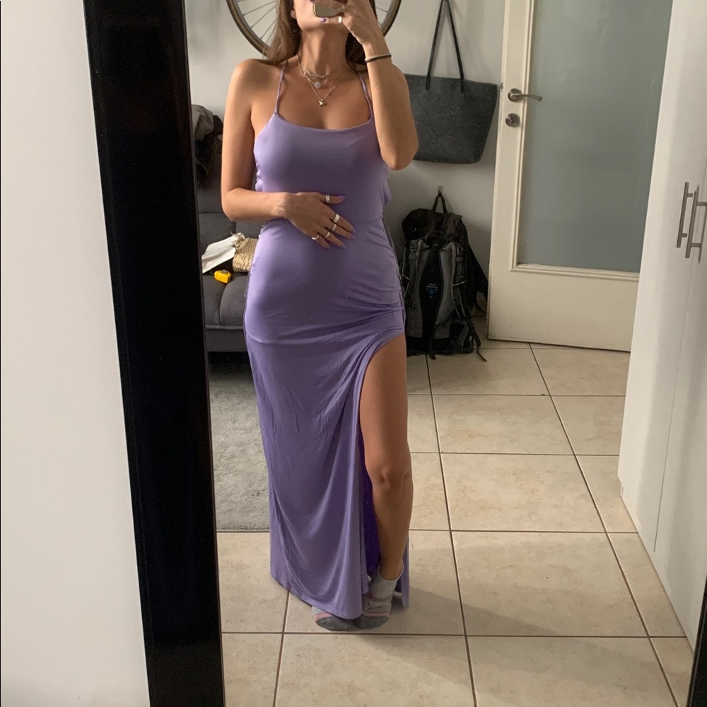 Lilac small thigh slit criss cross adjustable straps LaQueen USA wedding dress